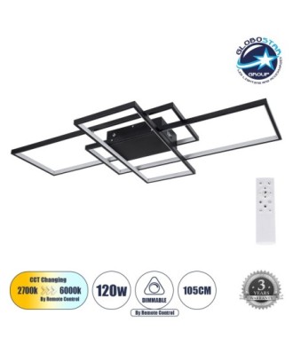 GLOBOSTAR® QUADRA 61388 Μοντέρνο Φωτιστικό Οροφής LED 120W 14400lm 120° AC 220-240V IP20 Ρυθμιζόμενο Λευκό CCT με Χειριστήριο από 2700K έως 6000K Dimmable - Lumileds SMD Chip - Μαύρο Ματ - Μ105 x Π60 x Υ9cm - 3 Χρόνια Εγγύηση